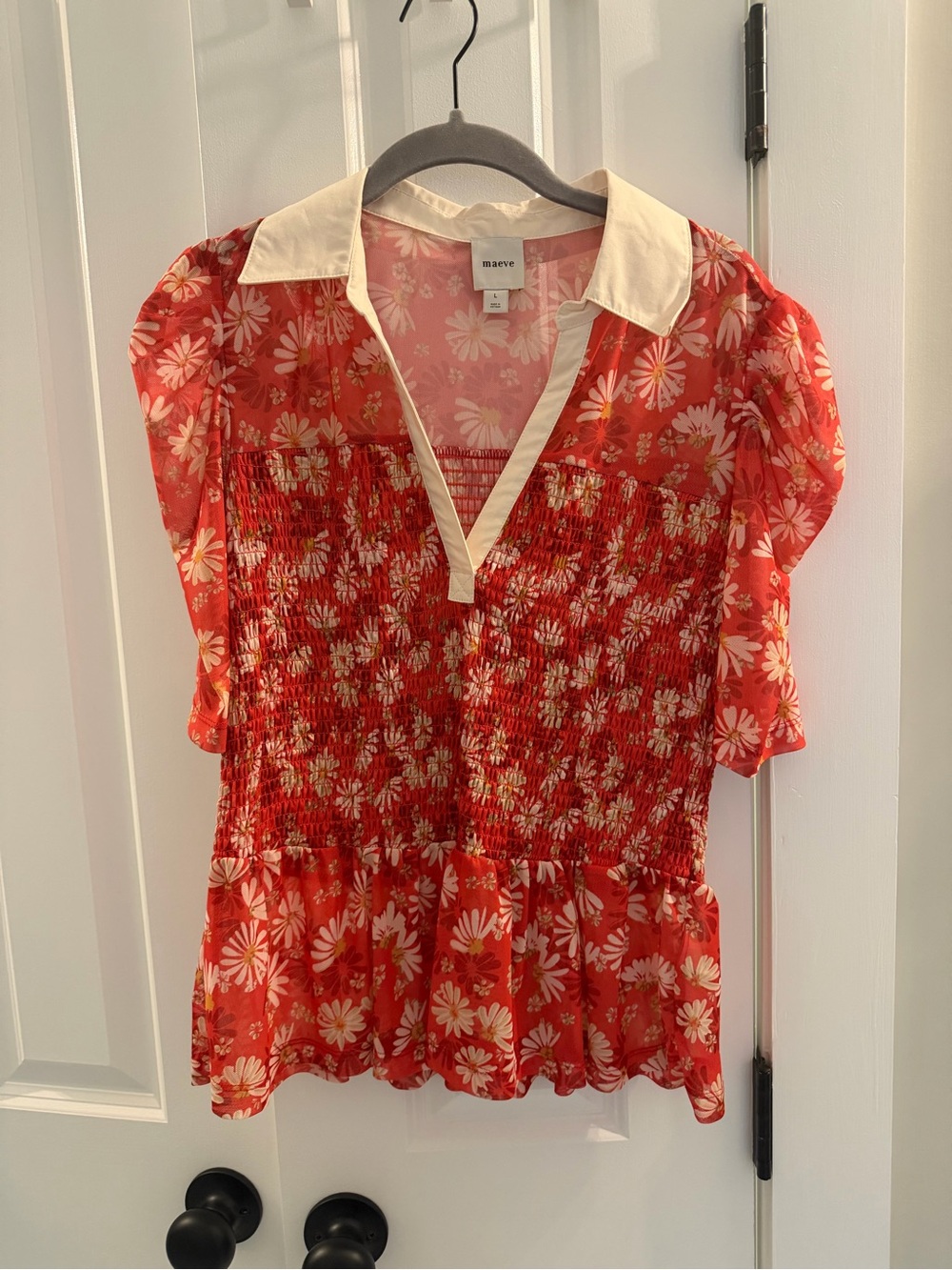 NWOT Maeve smocked short sleeve Red Floral Collared Peplum Top - Picture 3 of 4